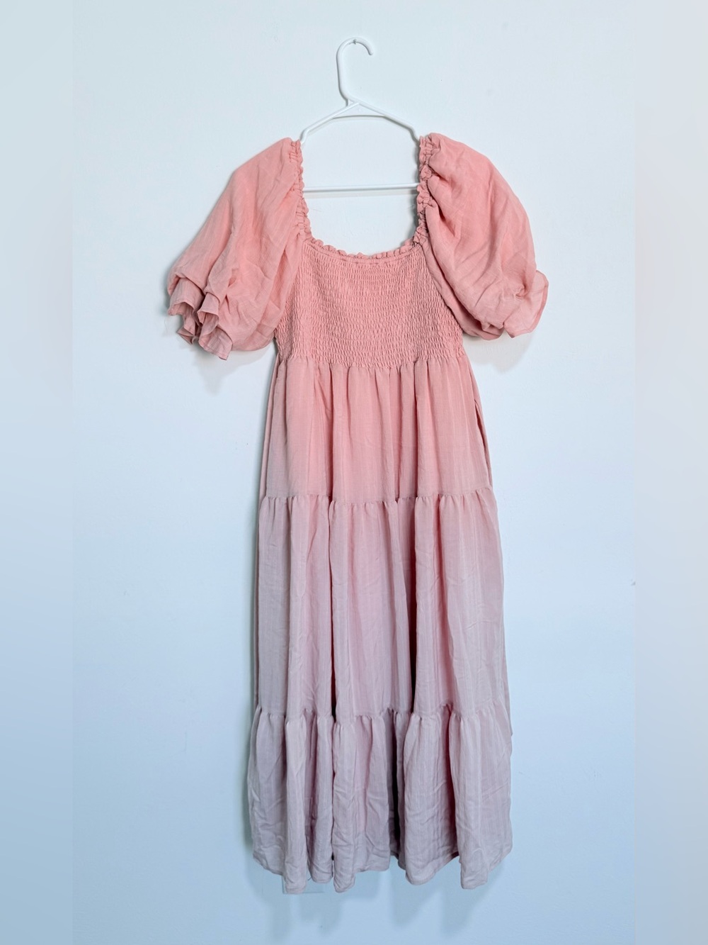 Smocked Square-Neck Maxi Dress in Blush Pink